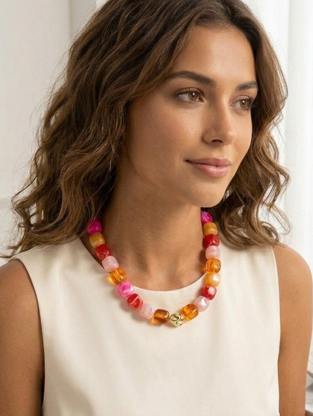 Colorblock Beaded Statement Necklace - Pink, Red & Amber